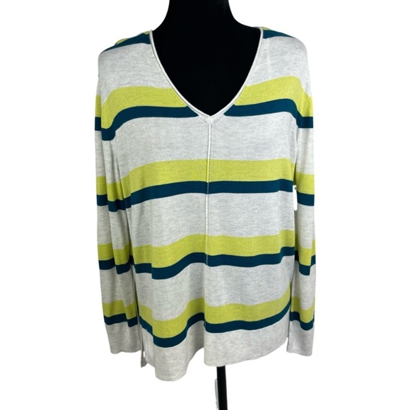 Apt 9 Women's Cream Blue Green Striped V Neck Super soft pullover Sweater size L - Picture 3 of 10
